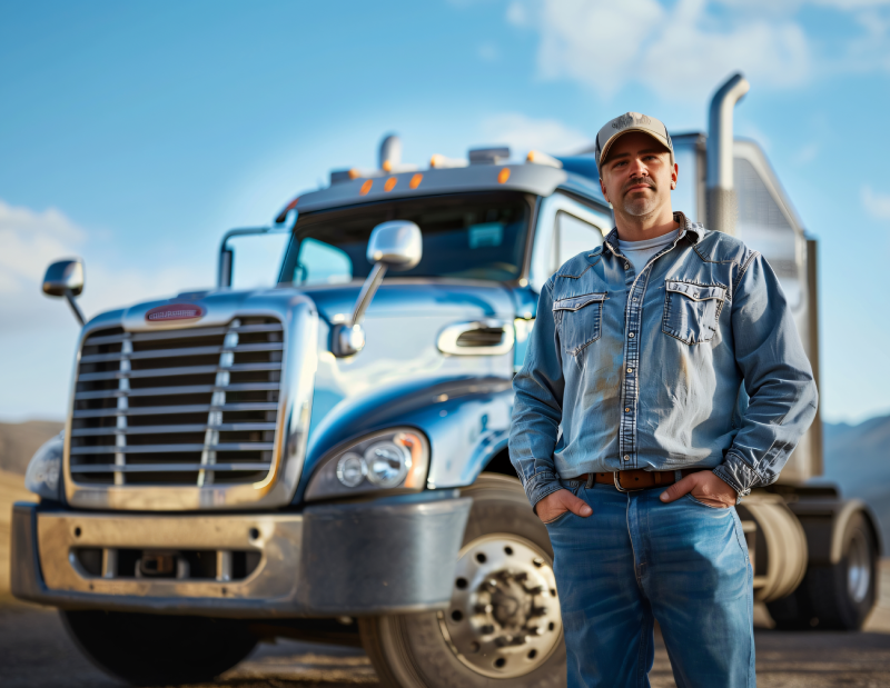 Owner operator standing beside a commercial semi truck